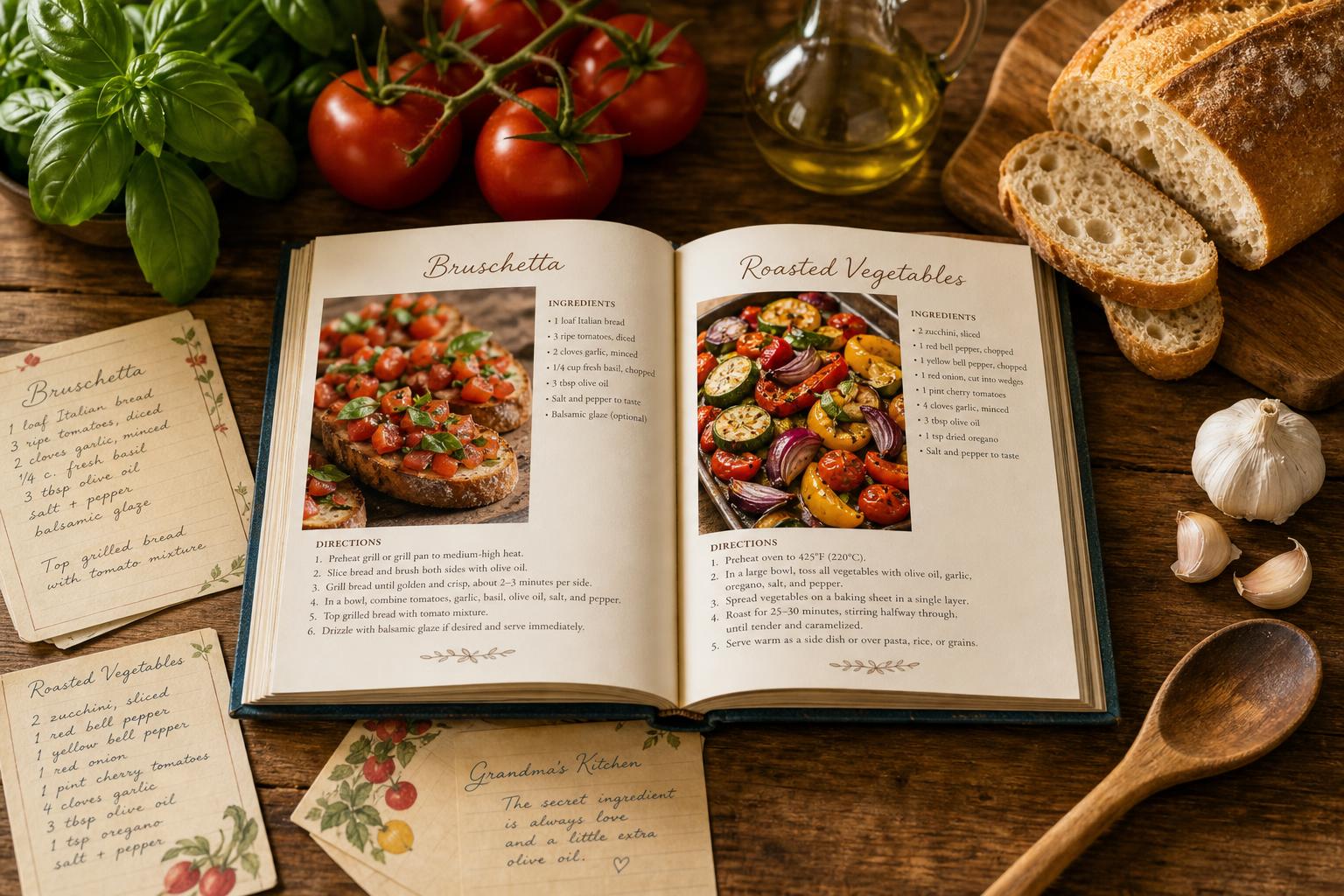 An open family cookbook on a rustic table with herbs, tomatoes, and terracotta pottery
